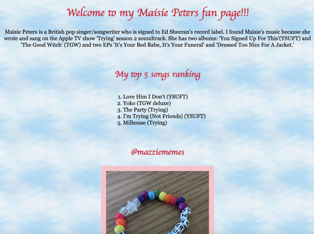 Screenshot of Geocites style html webpage. Cloud gif background and text about the music artist Maisie Peters